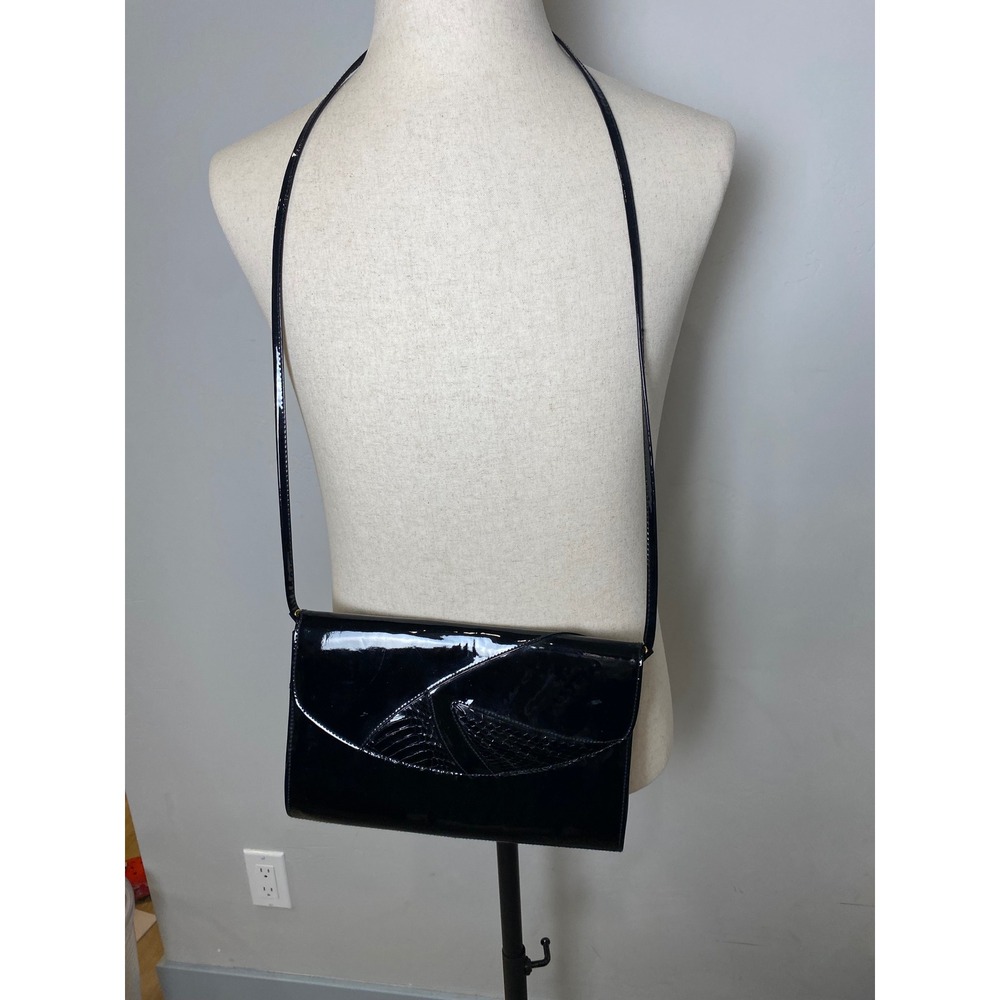 Jasmin Black Patent Leather Genuine Snakeskin Crossbody Bag Clutch Evening Purse